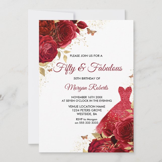 Invitación Roses Rojos Vestidos cincuenta y fabuloso cumpleañ (Anverso)
