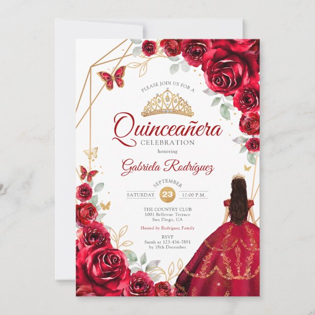 Invitación Roses Rojos Vestidos Dorados Quinceanera Blanca (Anverso)