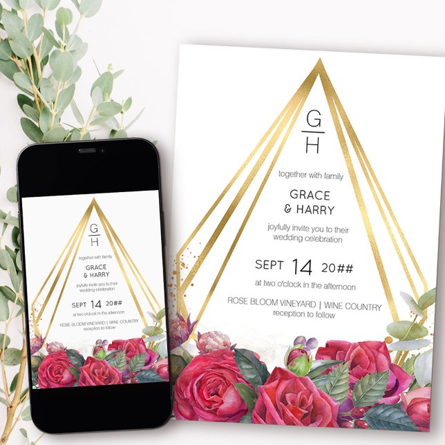 Invitación Roses rojos y Boda de tramas de prisma geométrico  (Monogram wedding invitation from my Red Rose and Eucalyptus collection)