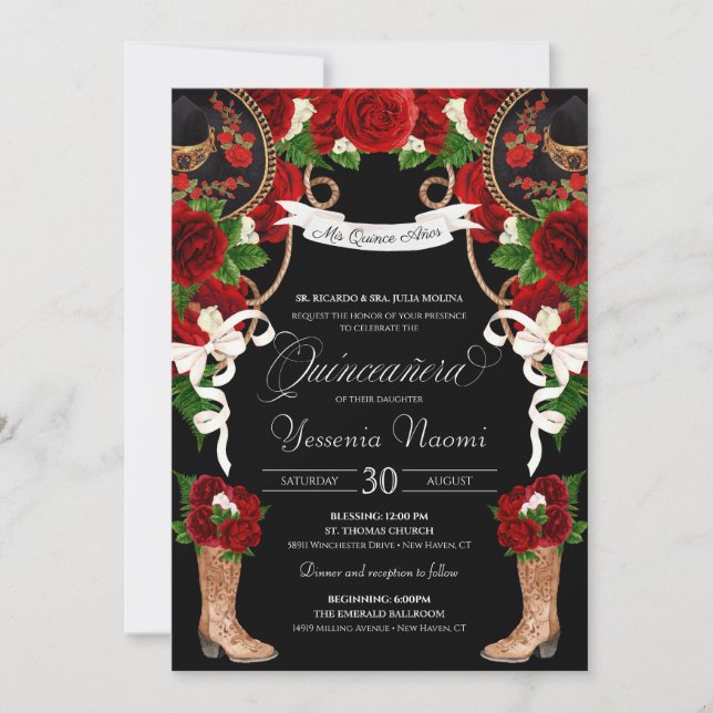 Invitación Roses rojos y Mariachi negros/Charro Quinceanera (Anverso)