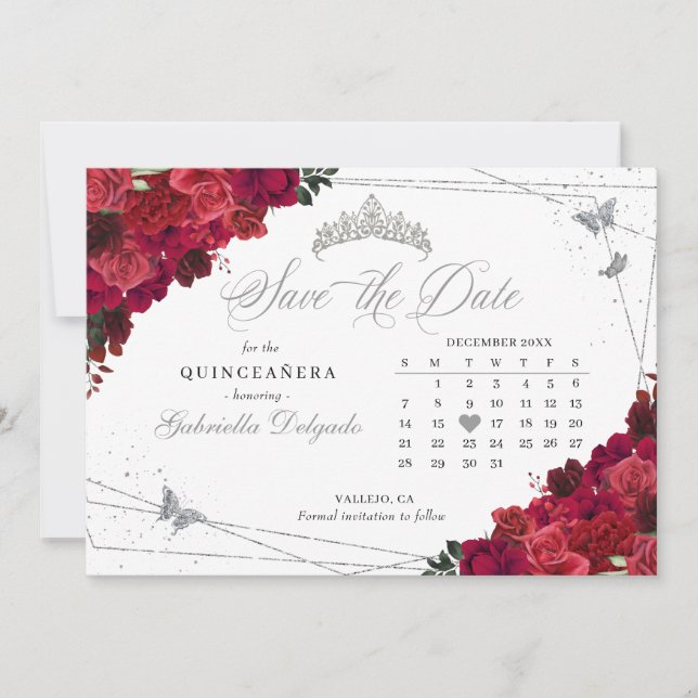 Invitación Roses Rojos y Plata Quinceañera Salven La Fecha (Anverso)