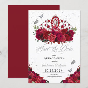 Invitación Roses Rojos y Plata Tiara Salven La Fecha Quinceañ