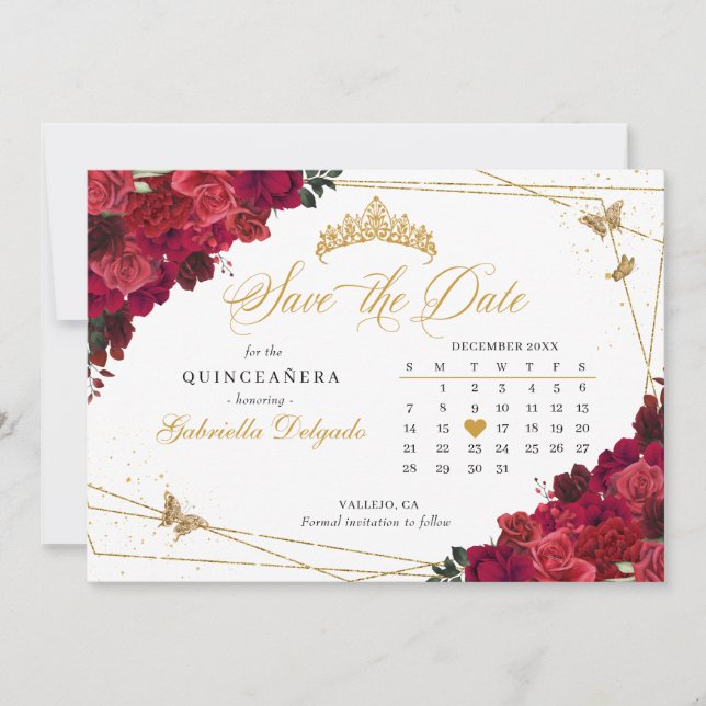 Invitación Roses Rojos y Quinceañera Oro Salven La Fecha (Anverso)