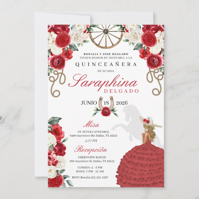 Invitación Roses rojos y rocas Charro Occidental Quinceañera (Anverso)