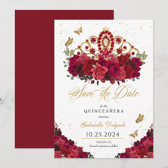 Invitación Roses Rojos y Tiara Oro Salven La Fecha Quinceañer (Anverso / Reverso)