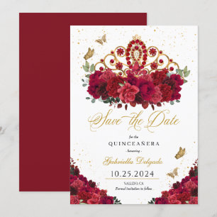 Invitación Roses Rojos y Tiara Oro Salven La Fecha Quinceañer