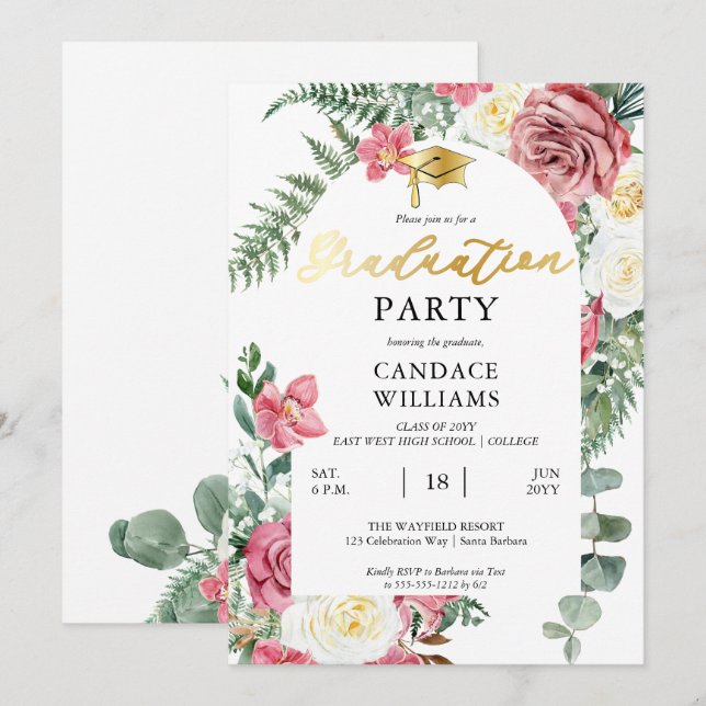 Invitación Roses rosadas de Boho | Fiesta de Graduación Orquí (Anverso / Reverso)