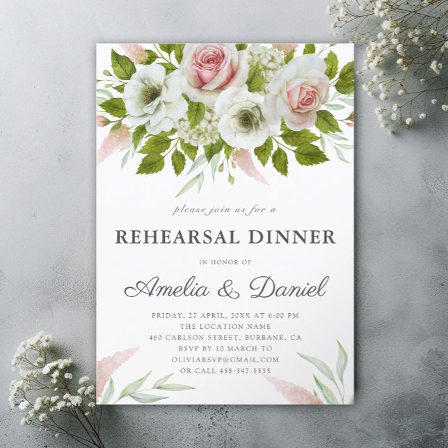 Invitación Roses rosados acuarela Romántico Ensayo Cena (Subido por el creador)