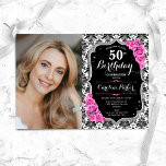 Invitación Roses rosados Black Silver Damask Photo 50 cumplea<br><div class="desc">Elegante invitación de 50 años floral femenina con tu foto. Diseño de color rosa negro brillante con una falsa plata purpurina. Presenta un patrón de damasco en blanco y negro, rosas rosas rosas rosas rosadas, tipo de letra de guión y confeti. Perfecto para un elegante fiesta de celebración de cumpleaños....</div>