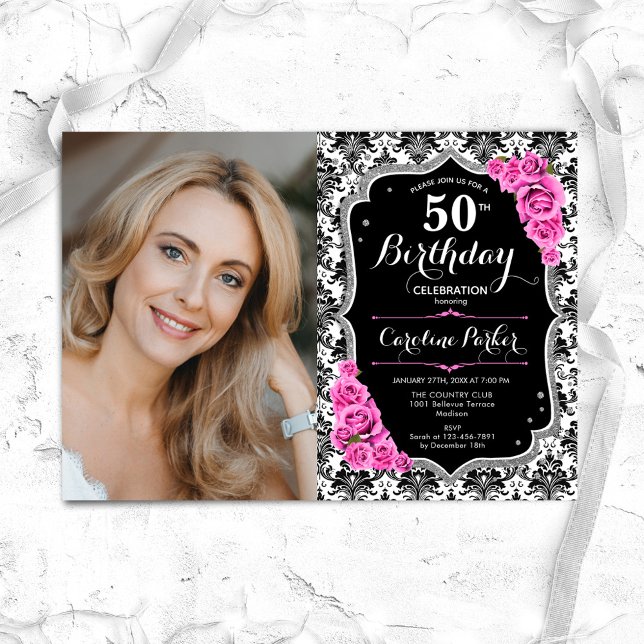 Invitación Roses rosados Black Silver Damask Photo 50 cumplea (Subido por el creador)