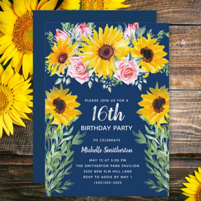 Invitación Roses rosados bonito Marina de los girasoles Azul  (Sunflowers and pink roses on navy blue 16th birthday party custom invitation)