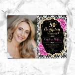 Invitación Roses rosados Damasco blanco negro foto 50 cumplea<br><div class="desc">Elegante invitación de 50 años floral femenina con tu foto. Diseño rosa blanco y negro brillante con oro falso purpurina. Presenta un patrón de damasco en blanco y negro, rosas rosas rosas rosas rosadas, tipo de letra de guión y confeti. Perfecto para un elegante fiesta de celebración de cumpleaños. Personaliza...</div>