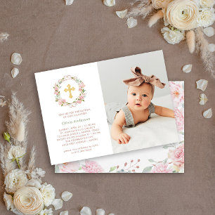 Invitación Roses rosados de bonito y cruz de oro   Baptismo f