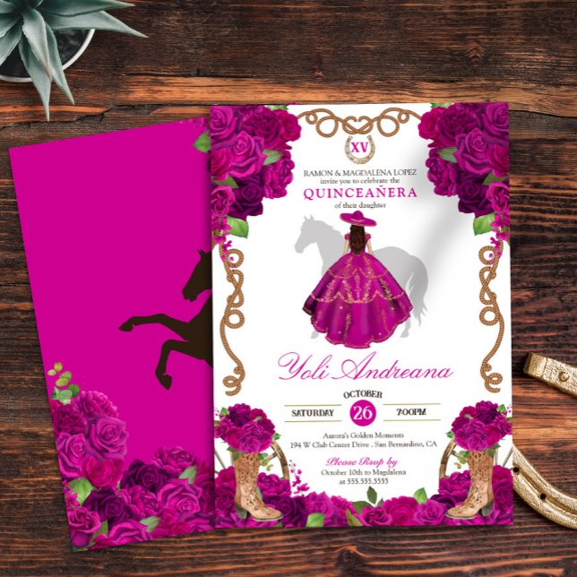 Invitación Roses rosados de Fuchsia Charro Occidental Quincea (Subido por el creador)
