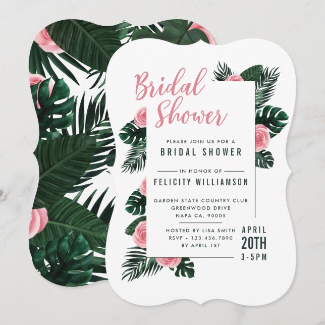 Invitación Roses rosados de hojas de palmera tropical ducha d (Anverso / Reverso)