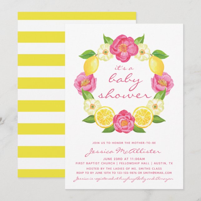 Invitación Roses rosados de limón amarillos Chica Baby Shower (Anverso / Reverso)