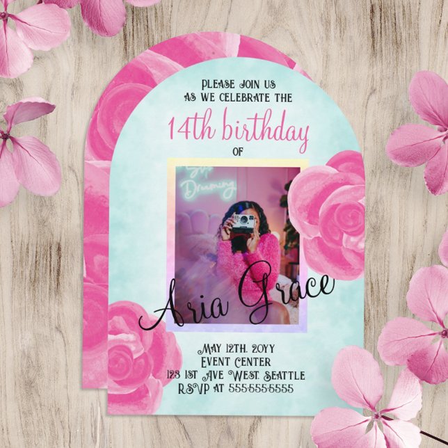 Invitación Roses rosados grandes, fiesta de cumpleaños turque (turquoise and hot pink rose birthday party invitation for teen girl, young woman. Cute photo invite.)