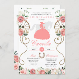 Invitación Roses rosados Occidental Mariachi Charro Quinceañe