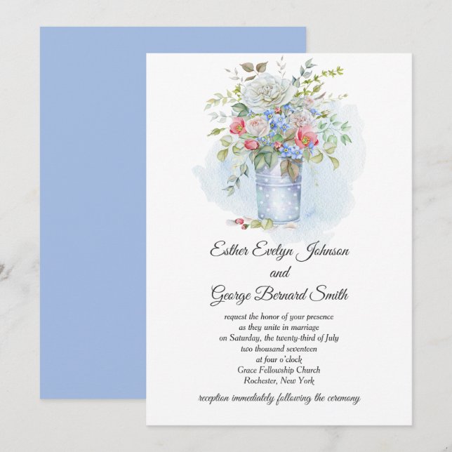 Invitación Roses rosados Poppies Flores azules Boda de Bouque (Anverso / Reverso)