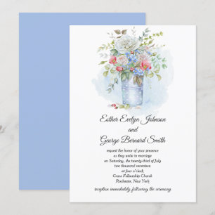 Invitación Roses rosados Poppies Flores azules Boda de Bouque