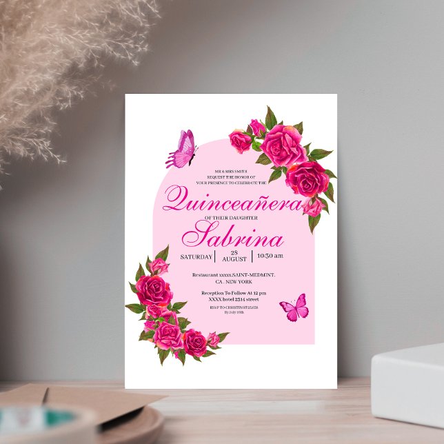 Invitación Roses rosados y arca de mariposa de Fuchsia Quince (Subido por el creador)