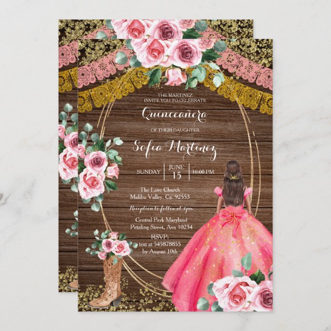Invitación Roses rosados y boots Charra Quinceanera 2 (Anverso / Reverso)