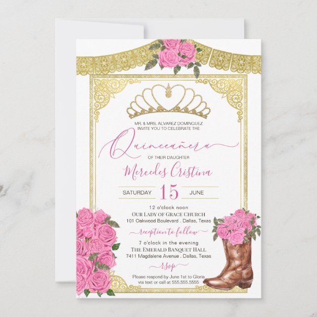 Invitación Roses rosados y Charro de arranque floral de oro Q (Anverso)