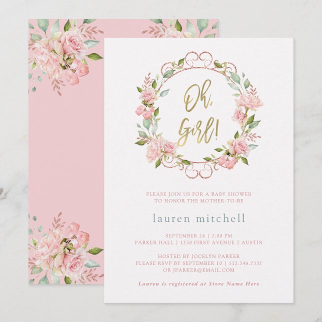 Invitación Roses rosados y guión dorado de bonito | Baby Show (Anverso / Reverso)