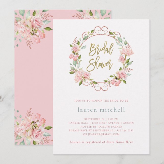 Invitación Roses rosados y guión dorado de bonito | Ducha de  (Anverso / Reverso)