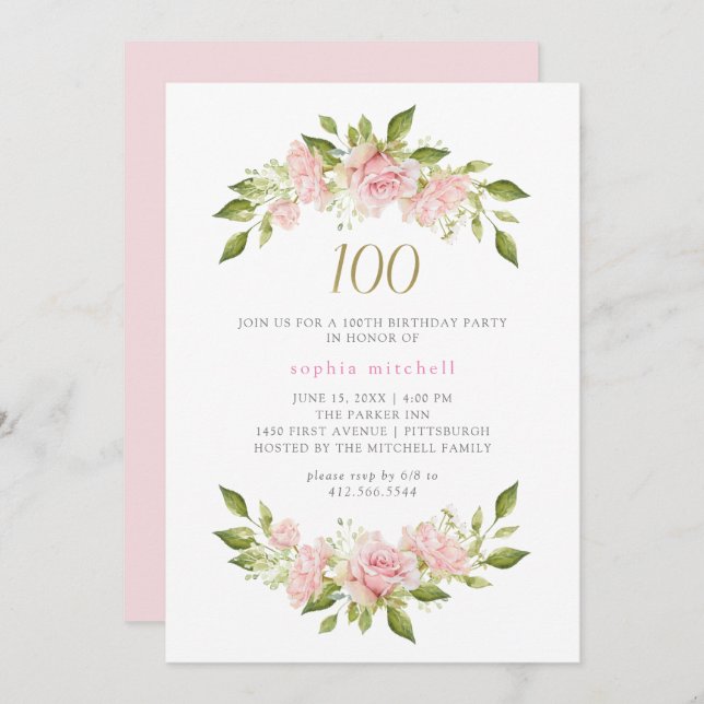Invitación Roses rosados y oro de bonito Rubor | 100 cumpleañ (Anverso / Reverso)