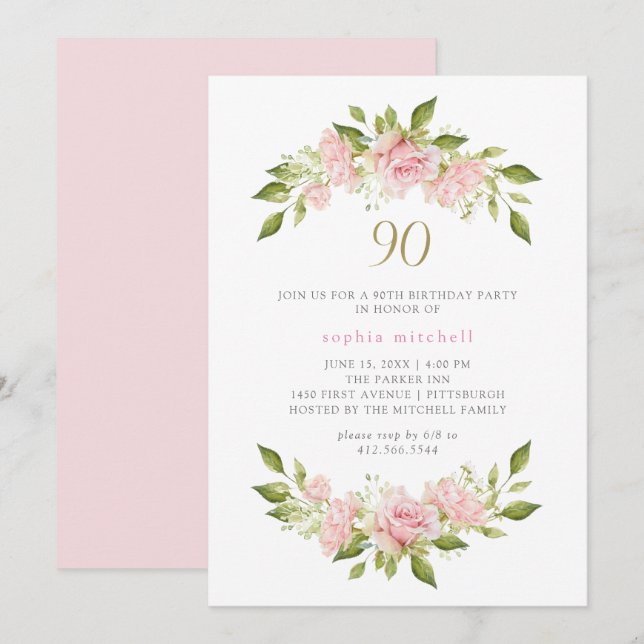 Invitación Roses rosados y oro de bonito Rubor | 90 cumpleaño (Anverso / Reverso)