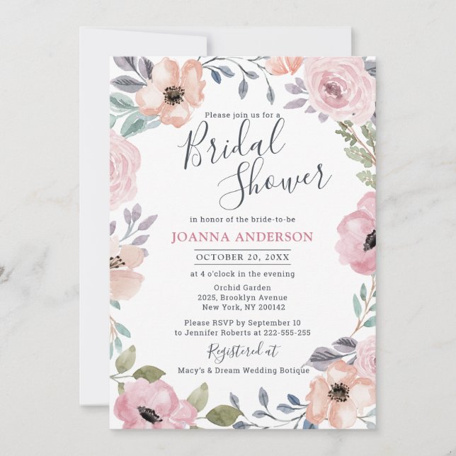 Invitación Roses rosados y polvorientos Ducha de novia floral (Anverso)