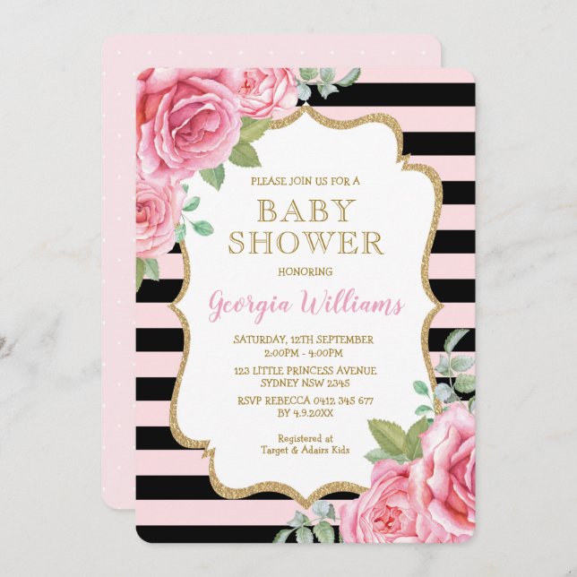 Invitación Roses rosas Bonitos Baby Shower Estrellas París (Anverso / Reverso)