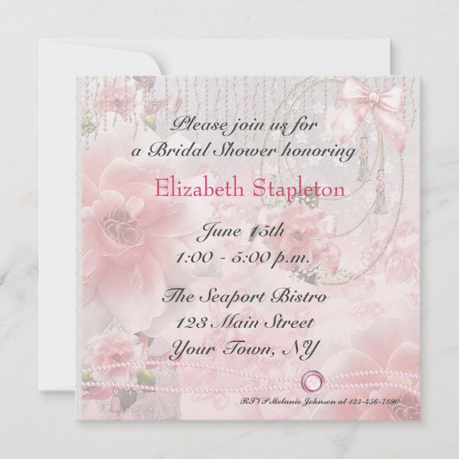 Invitación Roses rosas, encajes y perlas invitadas (Anverso)
