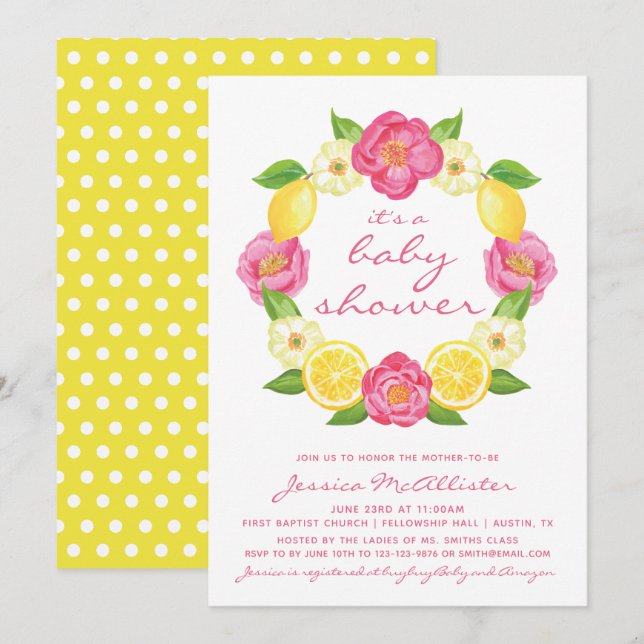 Invitación Roses rosas limón amarillo Chica Wreath Baby Showe (Anverso / Reverso)