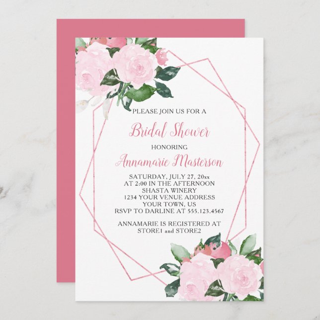 Invitación Roses rosas pálidas Verdor Ducha de novia geométri (Anverso / Reverso)