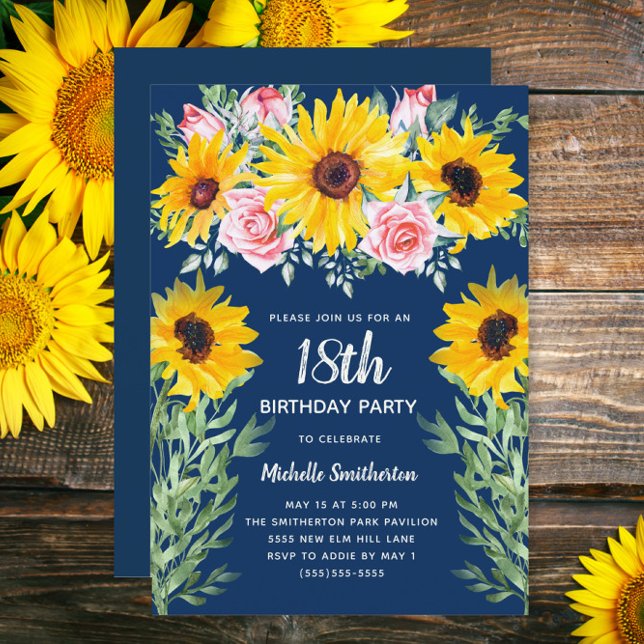 Invitación Roses rosas rosas girasoles marina azul cumpleaños (Sunflowers and pink roses on navy blue custom 18th birthday party invitation)