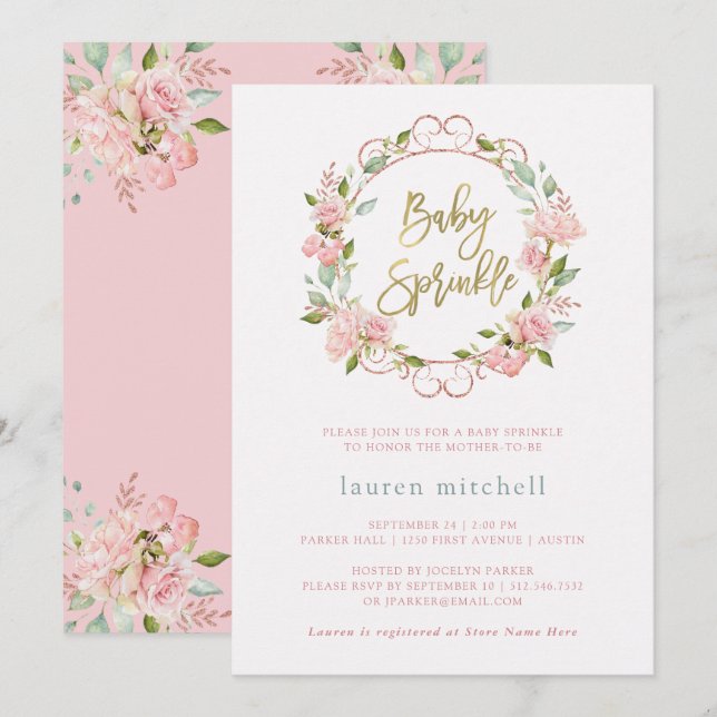 Invitación Roses rosas y guion dorada de Bonito| Espolvorín d (Anverso / Reverso)