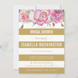 Invitación Roses rosas y rayas blancas de oro Ducha de novia