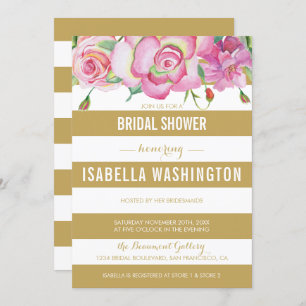 Invitación Roses rosas y rayas blancas de oro Ducha de novia