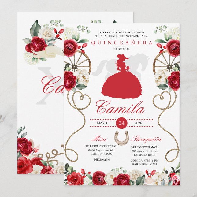 Invitación Roses Roses del Oeste Mariachi Charro Quinceañera (Anverso / Reverso)