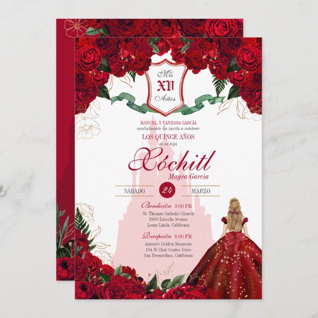 Invitación Roses Roses Elegantes Castillo Princesa Quinceaner (Anverso / Reverso)