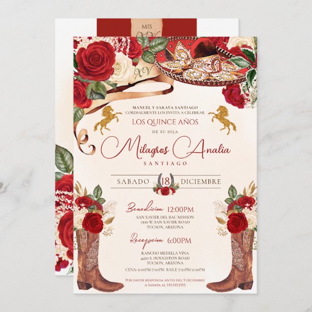 Invitación Roses Roses Rojos Elegantes Charro Occidental Quin (Anverso / Reverso)