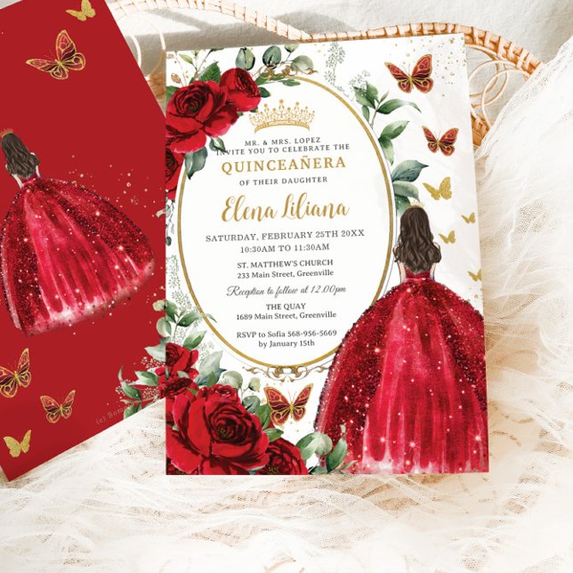 Invitación Roses Roses Rojos Floral Princesa Vestido Oro Quin (Subido por el creador)