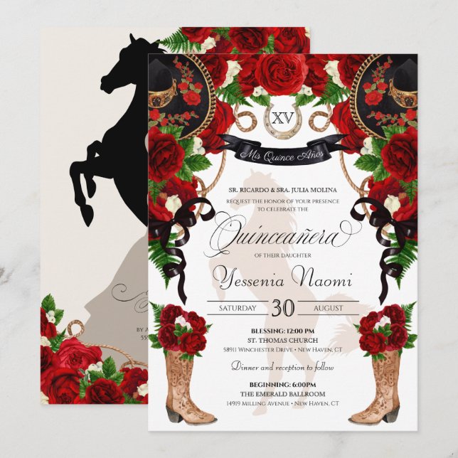 Invitación Roses Roses Rojos Negro Charro Occidente Elegante  (Anverso / Reverso)