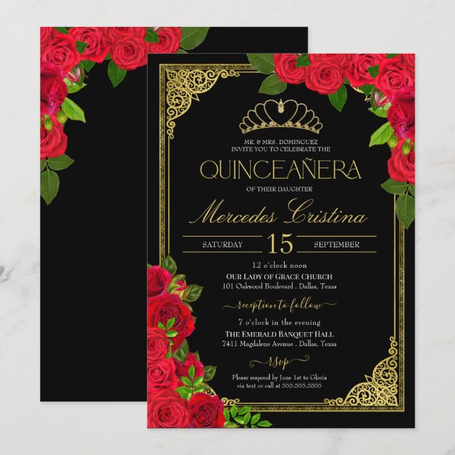 Invitación Roses Roses Rojos Negro y Dorado Elegante Invitaci (Anverso / Reverso)