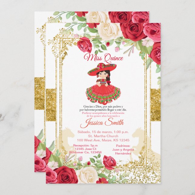 Invitación Roses Roses Rojos y Miss Oro Quinceañera Mexicana (Anverso / Reverso)
