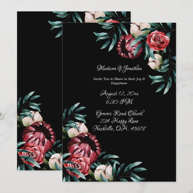 Invitación Roses Roses Roses Negro Fondo Elegante Boda de gui (Anverso / Reverso)
