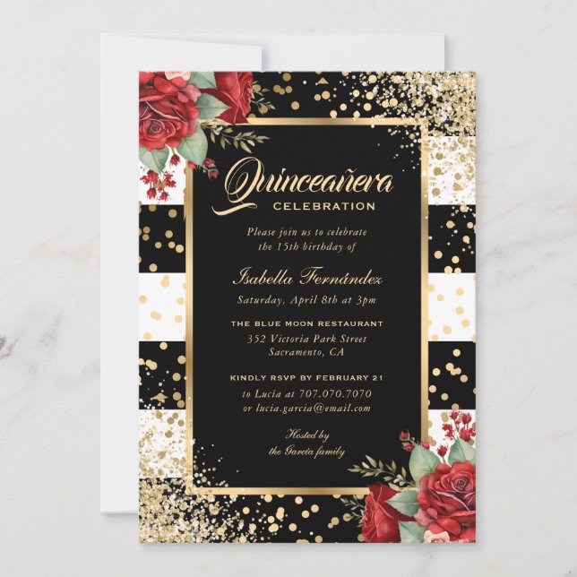 Invitación Roses Roses Roses Negro Oro Confetti Floral Quince (Anverso)