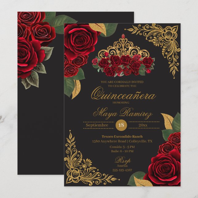 Invitación Roses Roses Roses Negro Purpurina Tiara Quinceañer (Anverso / Reverso)